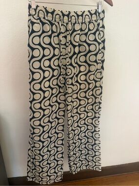Zara Womens Wide Leg Pull On Pants Navy Ivory Geometric Print Resort Boho